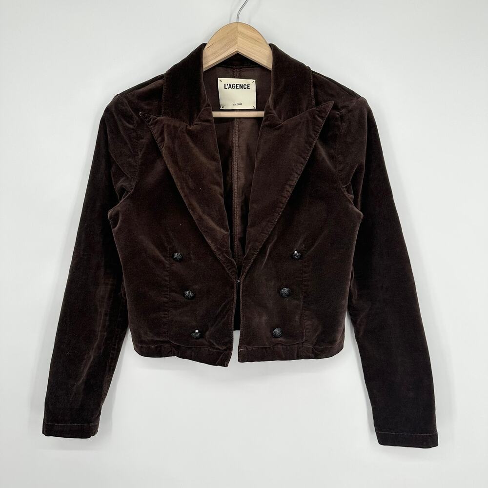 L’AGENCE Wayne Cropped Velvet Blazer Double Breasted Jacket Classic, Brown - Picture 2 of 8